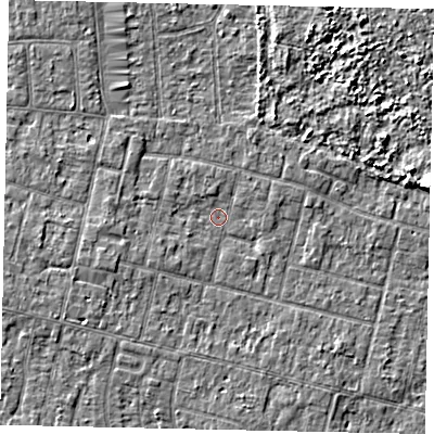 Shaded relief map of the ground around TW151PW, computed from Environment Agency LiDAR. The ground here sits at about 13 m above sea level and falls 5 m across the surrounding 800 m. Surface water reaching this point runs off ground lying to the west-south-west, 1.4 m higher.