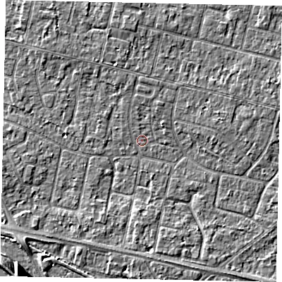 Shaded relief map of the ground around TW151QB, computed from Environment Agency LiDAR. The ground here sits at about 13 m above sea level and falls 13 m across the surrounding 800 m. Surface water reaching this point runs off ground lying to the west-south-west, 2.3 m higher.