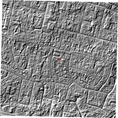Shaded relief map of the ground around TW151QD, computed from Environment Agency LiDAR. The ground here sits at about 14 m above sea level and falls 3 m across the surrounding 800 m. The ground contributing surface water to this point lies to the north-north-west.