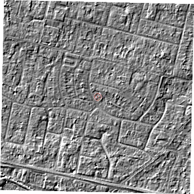 Shaded relief map of the ground around TW151QE, computed from Environment Agency LiDAR. The ground here sits at about 13 m above sea level and falls 3 m across the surrounding 800 m. Surface water reaching this point runs off ground lying to the south-south-west, 2.4 m higher.