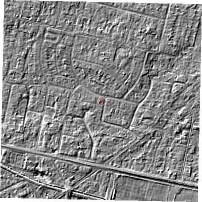 Shaded relief map of the ground around TW151QG, computed from Environment Agency LiDAR. The ground here sits at about 13 m above sea level and falls 3 m across the surrounding 800 m. Surface water reaching this point runs off ground lying to the south-west, 1.9 m higher.