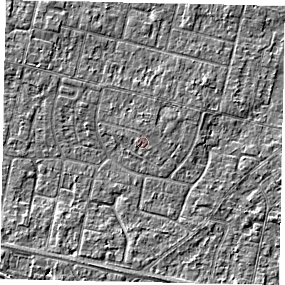 Shaded relief map of the ground around TW151QH, computed from Environment Agency LiDAR. The ground here sits at about 14 m above sea level and falls 2 m across the surrounding 800 m. The ground contributing surface water to this point lies to the north-west.