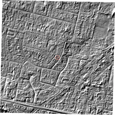 Shaded relief map of the ground around TW151QL, computed from Environment Agency LiDAR. The ground here sits at about 13 m above sea level and falls 4 m across the surrounding 800 m. Surface water reaching this point runs off ground lying to the north, 0.6 m higher.