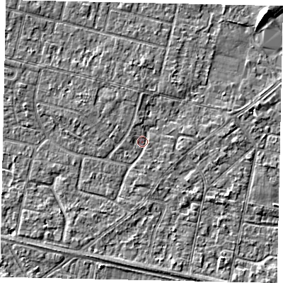 Shaded relief map of the ground around TW151QN, computed from Environment Agency LiDAR. The ground here sits at about 13 m above sea level and falls 5 m across the surrounding 800 m. Surface water reaching this point runs off ground lying to the south-south-east, 0.9 m higher.