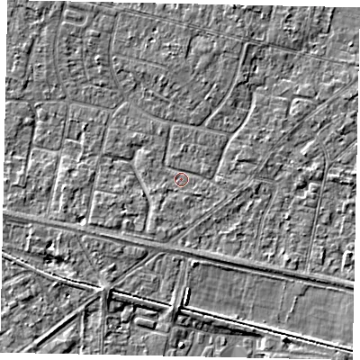 Shaded relief map of the ground around TW151QP, computed from Environment Agency LiDAR. The ground here sits at about 13 m above sea level and falls 3 m across the surrounding 800 m. Surface water reaching this point runs off ground lying to the south-south-west, 1.4 m higher.