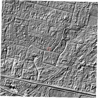Shaded relief map of the ground around TW151QQ, computed from Environment Agency LiDAR. The ground here sits at about 13 m above sea level and falls 3 m across the surrounding 800 m. Surface water reaching this point runs off ground lying to the north-north-west, 1.1 m higher.