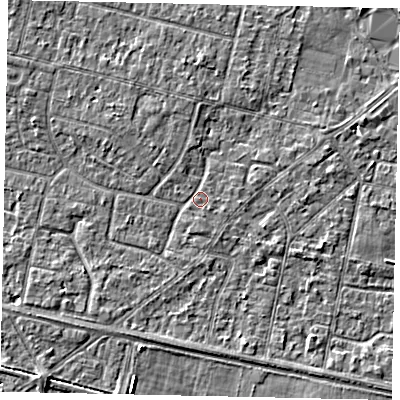 Shaded relief map of the ground around TW151QW, computed from Environment Agency LiDAR. The ground here sits at about 13 m above sea level and falls 3 m across the surrounding 800 m. Surface water reaching this point runs off ground lying to the south-east, 0.7 m higher.