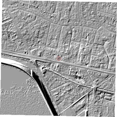 Shaded relief map of the ground around TW151RB, computed from Environment Agency LiDAR. The ground here sits at about 14 m above sea level and falls 13 m across the surrounding 800 m. Surface water reaching this point runs off ground lying to the south-east, 0.7 m higher.