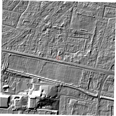 Shaded relief map of the ground around TW151RE, computed from Environment Agency LiDAR. The ground here sits at about 13 m above sea level and falls 8 m across the surrounding 800 m. Surface water reaching this point runs off ground lying to the south-east, 1.0 m higher.