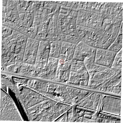 Shaded relief map of the ground around TW151RF, computed from Environment Agency LiDAR. The ground here sits at about 13 m above sea level and falls 13 m across the surrounding 800 m. Surface water reaching this point runs off ground lying to the south-south-east, 1.9 m higher.