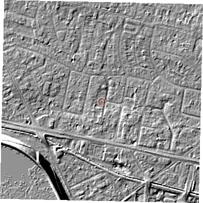 Shaded relief map of the ground around TW151RG, computed from Environment Agency LiDAR. The ground here sits at about 13 m above sea level and falls 13 m across the surrounding 800 m. Surface water reaching this point runs off ground lying to the south-south-west, 1.3 m higher.