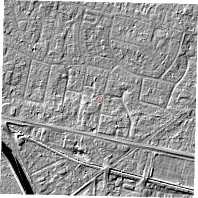Shaded relief map of the ground around TW151RJ, computed from Environment Agency LiDAR. The ground here sits at about 13 m above sea level and falls 13 m across the surrounding 800 m. Surface water reaching this point runs off ground lying to the south, 1.9 m higher.