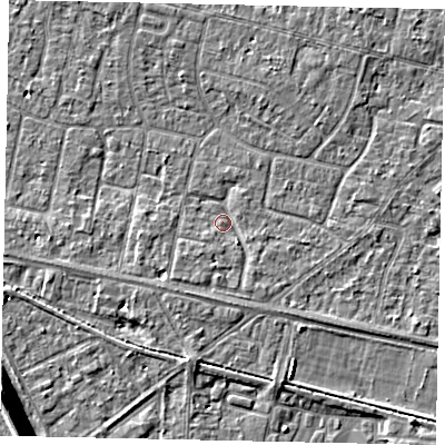 Shaded relief map of the ground around TW151RL, computed from Environment Agency LiDAR. The ground here sits at about 13 m above sea level and falls 13 m across the surrounding 800 m. Surface water reaching this point runs off ground lying to the south-west, 1.9 m higher.