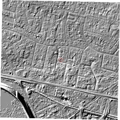 Shaded relief map of the ground around TW151RQ, computed from Environment Agency LiDAR. The ground here sits at about 13 m above sea level and falls 13 m across the surrounding 800 m. Surface water reaching this point runs off ground lying to the west-south-west, 2.9 m higher.