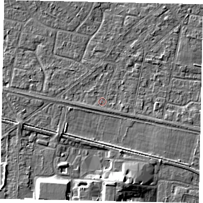 Shaded relief map of the ground around TW151RS, computed from Environment Agency LiDAR. The ground here sits at about 13 m above sea level and falls 8 m across the surrounding 800 m. Surface water reaching this point runs off ground lying to the east-south-east, 1.4 m higher.