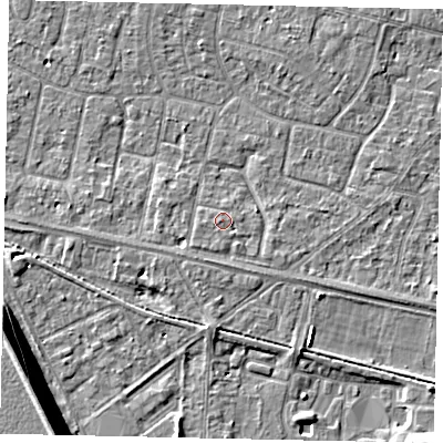 Shaded relief map of the ground around TW151RW, computed from Environment Agency LiDAR. The ground here sits at about 14 m above sea level and falls 13 m across the surrounding 800 m. Surface water reaching this point runs off ground lying to the south-west, 1.2 m higher.