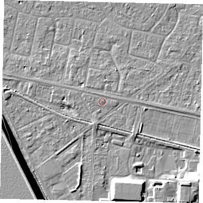 Shaded relief map of the ground around TW151RY, computed from Environment Agency LiDAR. The ground here sits at about 14 m above sea level and falls 13 m across the surrounding 800 m. Surface water reaching this point runs off ground lying to the west, 0.6 m higher.