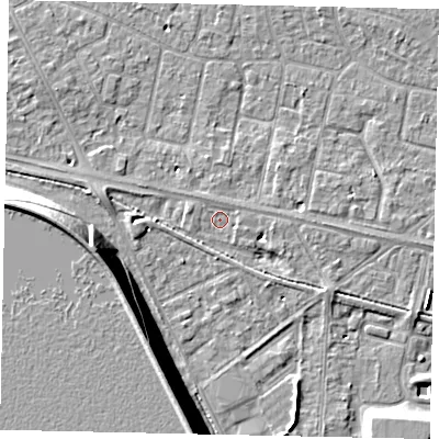 Shaded relief map of the ground around TW151RZ, computed from Environment Agency LiDAR. The ground here sits at about 13 m above sea level and falls 13 m across the surrounding 800 m. Surface water reaching this point runs off ground lying to the south-east, 2.7 m higher.