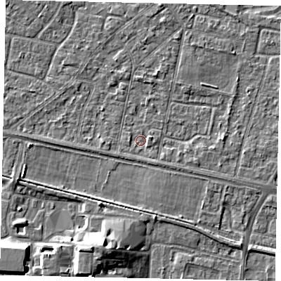 Shaded relief map of the ground around TW151SB, computed from Environment Agency LiDAR. The ground here sits at about 13 m above sea level and falls 8 m across the surrounding 800 m. Surface water reaching this point runs off ground lying to the west, 1.4 m higher.