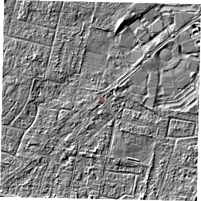 Shaded relief map of the ground around TW151SG, computed from Environment Agency LiDAR. The ground here sits at about 13 m above sea level and falls 6 m across the surrounding 800 m. Surface water reaching this point runs off ground lying to the west-south-west, 1.0 m higher.