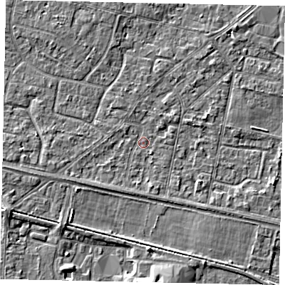 Shaded relief map of the ground around TW151SJ, computed from Environment Agency LiDAR. The ground here sits at about 13 m above sea level and falls 5 m across the surrounding 800 m. Surface water reaching this point runs off ground lying to the west-south-west, 1.8 m higher.