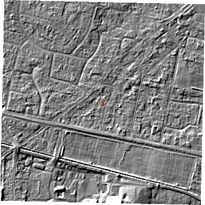 Shaded relief map of the ground around TW151SL, computed from Environment Agency LiDAR. The ground here sits at about 13 m above sea level and falls 7 m across the surrounding 800 m. Surface water reaching this point runs off ground lying to the west-south-west, 1.5 m higher.