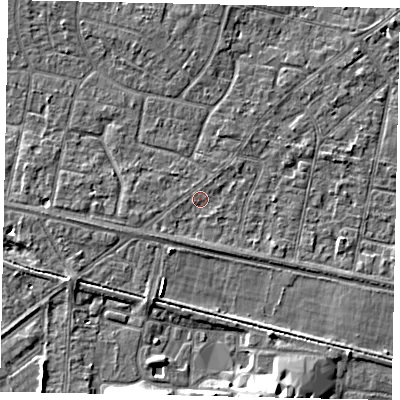 Shaded relief map of the ground around TW151SN, computed from Environment Agency LiDAR. The ground here sits at about 13 m above sea level and falls 8 m across the surrounding 800 m. Surface water reaching this point runs off ground lying to the west-south-west, 1.8 m higher.