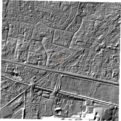 Shaded relief map of the ground around TW151SP, computed from Environment Agency LiDAR. The ground here sits at about 13 m above sea level and falls 8 m across the surrounding 800 m. Surface water reaching this point runs off ground lying to the west-south-west, 1.1 m higher.