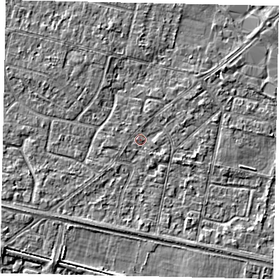Shaded relief map of the ground around TW151SQ, computed from Environment Agency LiDAR. The ground here sits at about 13 m above sea level and falls 3 m across the surrounding 800 m. Surface water reaching this point runs off ground lying to the south-east, 0.9 m higher.