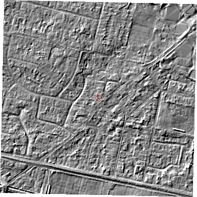 Shaded relief map of the ground around TW151SR, computed from Environment Agency LiDAR. The ground here sits at about 13 m above sea level and falls 3 m across the surrounding 800 m. Surface water reaching this point runs off ground lying to the south-west, 0.6 m higher.