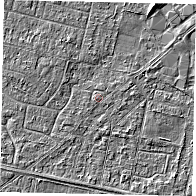 Shaded relief map of the ground around TW151SS, computed from Environment Agency LiDAR. The ground here sits at about 13 m above sea level and falls 5 m across the surrounding 800 m. The ground contributing surface water to this point lies to the west-south-west.
