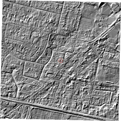 Shaded relief map of the ground around TW151SU, computed from Environment Agency LiDAR. The ground here sits at about 13 m above sea level and falls 4 m across the surrounding 800 m. Surface water reaching this point runs off ground lying to the south-south-west, 0.6 m higher.