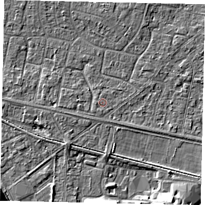 Shaded relief map of the ground around TW151SW, computed from Environment Agency LiDAR. The ground here sits at about 13 m above sea level and falls 12 m across the surrounding 800 m. Surface water reaching this point runs off ground lying to the south-west, 0.7 m higher.