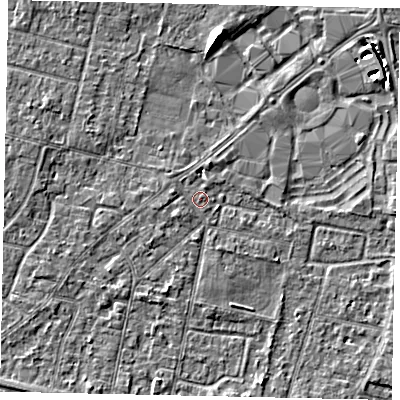 Shaded relief map of the ground around TW151SZ, computed from Environment Agency LiDAR. The ground here sits at about 13 m above sea level and falls 6 m across the surrounding 800 m. Surface water reaching this point runs off ground lying to the west-north-west, 1.6 m higher.