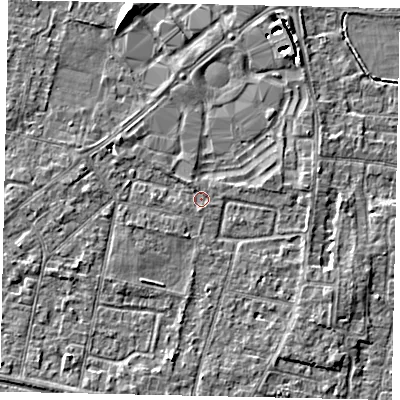 Shaded relief map of the ground around TW151TA, computed from Environment Agency LiDAR. The ground here sits at about 13 m above sea level and falls 6 m across the surrounding 800 m. Surface water reaching this point runs off ground lying to the north-north-east, 4.0 m higher.