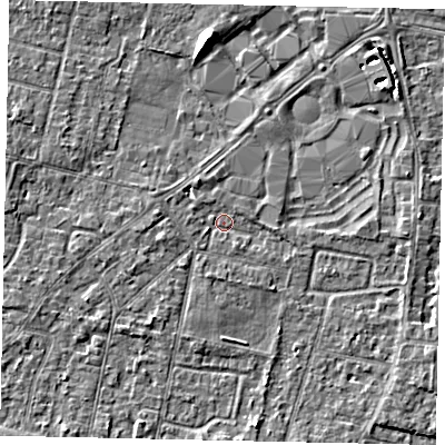Shaded relief map of the ground around TW151TB, computed from Environment Agency LiDAR. The ground here sits at about 13 m above sea level and falls 6 m across the surrounding 800 m. Surface water reaching this point runs off ground lying to the west, 2.0 m higher.