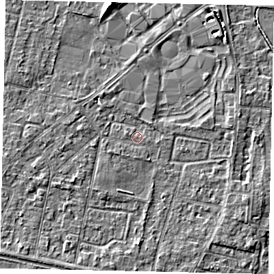 Shaded relief map of the ground around TW151TD, computed from Environment Agency LiDAR. The ground here sits at about 13 m above sea level and falls 6 m across the surrounding 800 m. Surface water reaching this point runs off ground lying to the west-south-west, 1.1 m higher.
