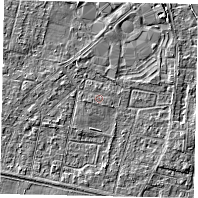 Shaded relief map of the ground around TW151TE, computed from Environment Agency LiDAR. The ground here sits at about 13 m above sea level and falls 4 m across the surrounding 800 m. Surface water reaching this point runs off ground lying to the south-south-west, 0.9 m higher.