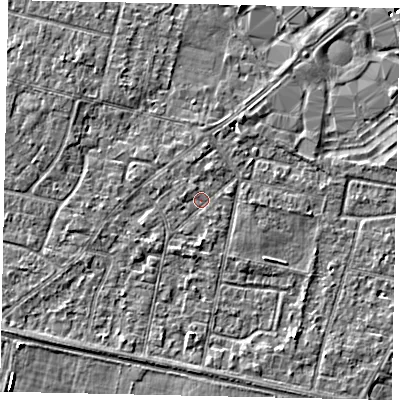 Shaded relief map of the ground around TW151TF, computed from Environment Agency LiDAR. The ground here sits at about 13 m above sea level and falls 4 m across the surrounding 800 m. Surface water reaching this point runs off ground lying to the south, 1.0 m higher.
