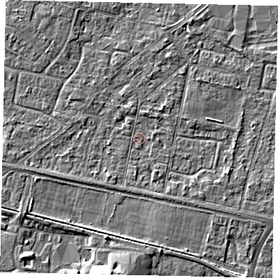 Shaded relief map of the ground around TW151TG, computed from Environment Agency LiDAR. The ground here sits at about 13 m above sea level and falls 6 m across the surrounding 800 m. Surface water reaching this point runs off ground lying to the west-south-west, 1.6 m higher.
