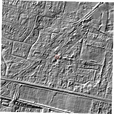Shaded relief map of the ground around TW151TH, computed from Environment Agency LiDAR. The ground here sits at about 13 m above sea level and falls 3 m across the surrounding 800 m. Surface water reaching this point runs off ground lying to the north-east, 1.0 m higher.