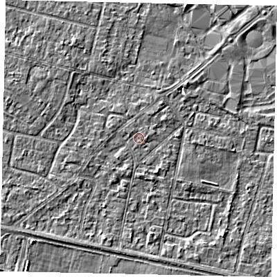 Shaded relief map of the ground around TW151TJ, computed from Environment Agency LiDAR. The ground here sits at about 13 m above sea level and falls 3 m across the surrounding 800 m. Surface water reaching this point runs off ground lying to the north-north-east, 0.7 m higher.