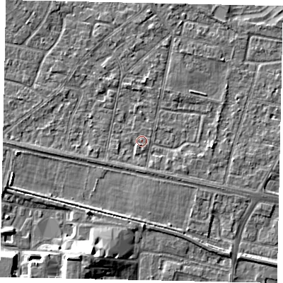 Shaded relief map of the ground around TW151TL, computed from Environment Agency LiDAR. The ground here sits at about 13 m above sea level and falls 8 m across the surrounding 800 m. Surface water reaching this point runs off ground lying to the west, 1.4 m higher.