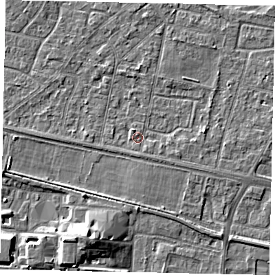 Shaded relief map of the ground around TW151TN, computed from Environment Agency LiDAR. The ground here sits at about 13 m above sea level and falls 8 m across the surrounding 800 m. Surface water reaching this point runs off ground lying to the south, 1.1 m higher.