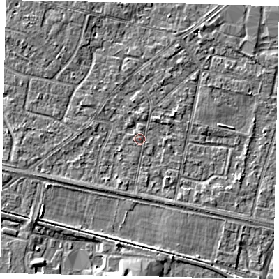 Shaded relief map of the ground around TW151TQ, computed from Environment Agency LiDAR. The ground here sits at about 13 m above sea level and falls 5 m across the surrounding 800 m. Surface water reaching this point runs off ground lying to the west-south-west, 1.8 m higher.