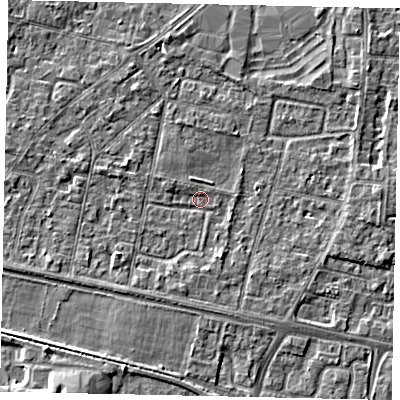 Shaded relief map of the ground around TW151TR, computed from Environment Agency LiDAR. The ground here sits at about 12 m above sea level and falls 5 m across the surrounding 800 m. Surface water reaching this point runs off ground lying to the east, 2.5 m higher.