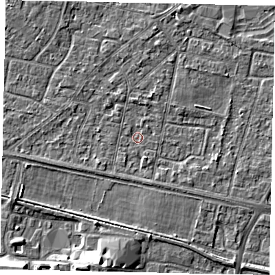 Shaded relief map of the ground around TW151TS, computed from Environment Agency LiDAR. The ground here sits at about 13 m above sea level and falls 8 m across the surrounding 800 m. Surface water reaching this point runs off ground lying to the west-south-west, 1.4 m higher.