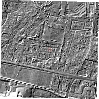 Shaded relief map of the ground around TW151TU, computed from Environment Agency LiDAR. The ground here sits at about 13 m above sea level and falls 7 m across the surrounding 800 m. Surface water reaching this point runs off ground lying to the east, 2.5 m higher.