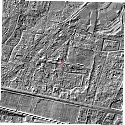Shaded relief map of the ground around TW151TW, computed from Environment Agency LiDAR. The ground here sits at about 13 m above sea level and falls 3 m across the surrounding 800 m. Surface water reaching this point runs off ground lying to the north-west, 0.6 m higher.
