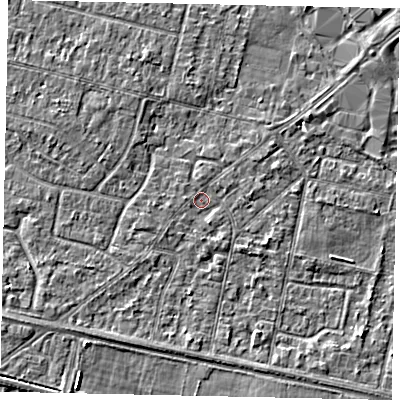 Shaded relief map of the ground around TW151TY, computed from Environment Agency LiDAR. The ground here sits at about 13 m above sea level and falls 3 m across the surrounding 800 m. Surface water reaching this point runs off ground lying to the south-south-east, 0.9 m higher.